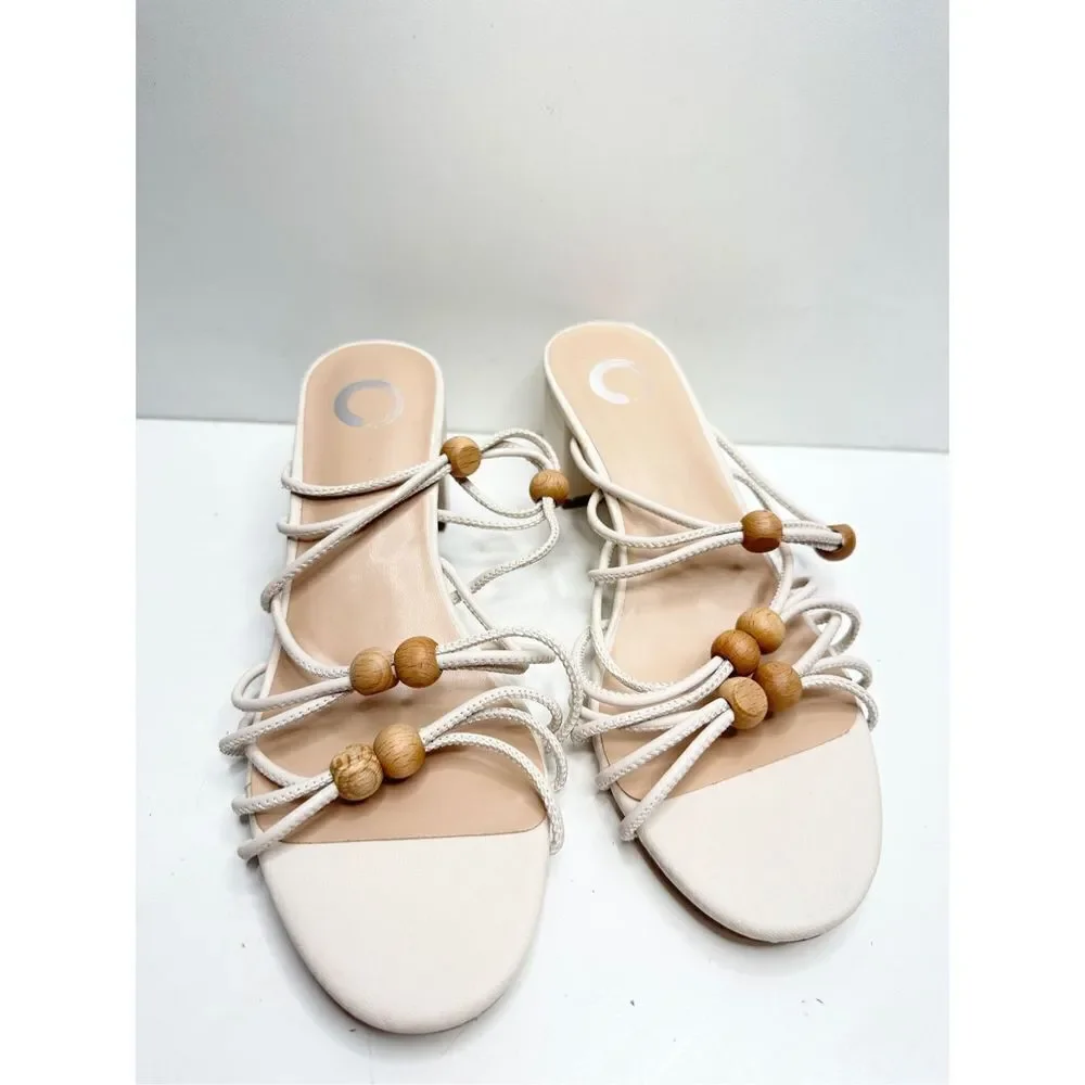Journee Collection Sandals‎ Size 6.5 Ivory Slip On Block Heel Open Toe Strappy